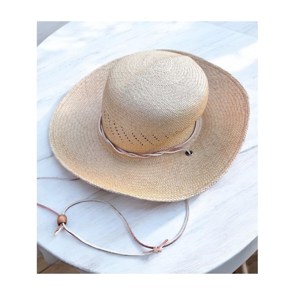 Open Crown Cowboy Hat Vintage SF Green Straw Natural‎ Tan Woven Lightweight